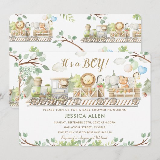 Schattige Oerwoud Dieren Train Greenery Baby showe Kaart (Voorkant / Achterkant)