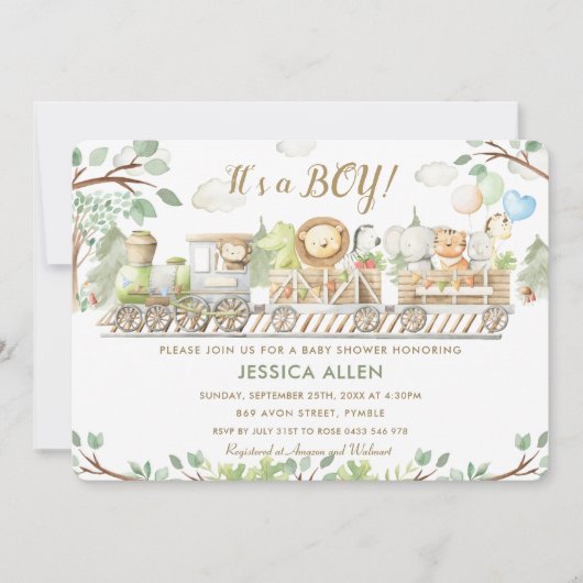 Schattige Oerwoud Dieren Train Greenery Baby showe Kaart (Voorkant)