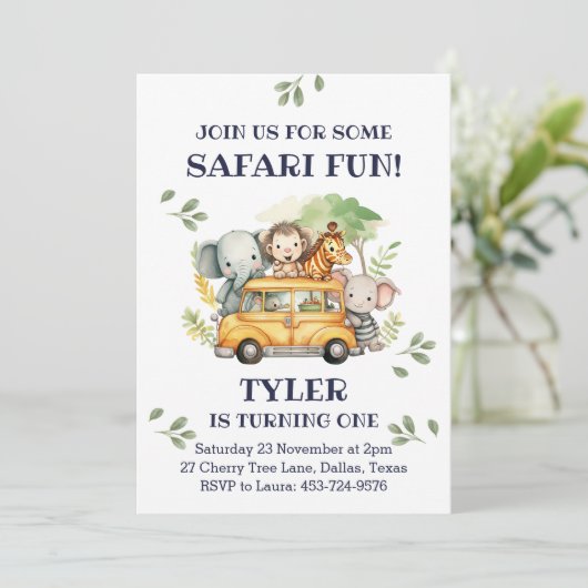 Schattige Oerwoud Dierensafari 1e Verjaardagsfeest Kaart (Staand voorkant)