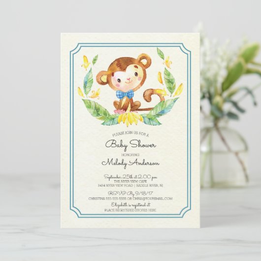 Schattige Oerwoud Monkey Boys Baby shower Uitnodig Kaart (Staand voorkant)