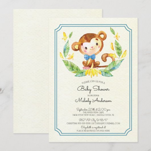 Schattige Oerwoud Monkey Boys Baby shower Uitnodig Kaart (Voorkant / Achterkant)