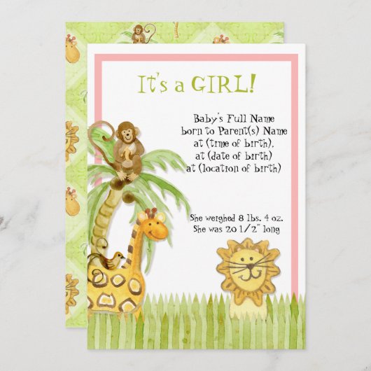 Schattige Oerwoud Monkey Giraffe Leeuw Pasgeboren Kaart (Voorkant / Achterkant)