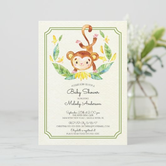 Schattige Oerwoud Monkey Neutral Baby shower Invit Kaart (Staand voorkant)