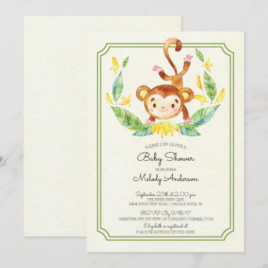 Schattige Oerwoud Monkey Neutral Baby shower Invit Kaart (Voorkant / Achterkant)