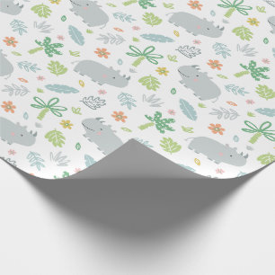 Schattige oerwoud neushoorns met palmbomen en blad cadeaupapier