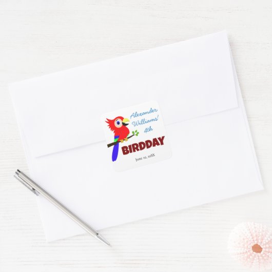 Schattige Oerwoud Parrot Bird Kind verjaardagsfees Vierkante Sticker (Envelop)