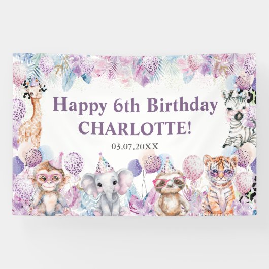 Schattige Oerwoud Partij Dieren Safari Verjaardag Spandoek (Horizontaal)