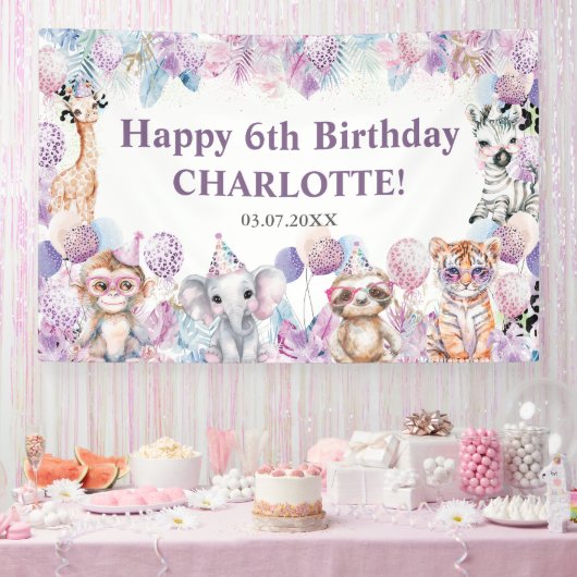 Schattige Oerwoud Partij Dieren Safari Verjaardag  Spandoek (Feest)