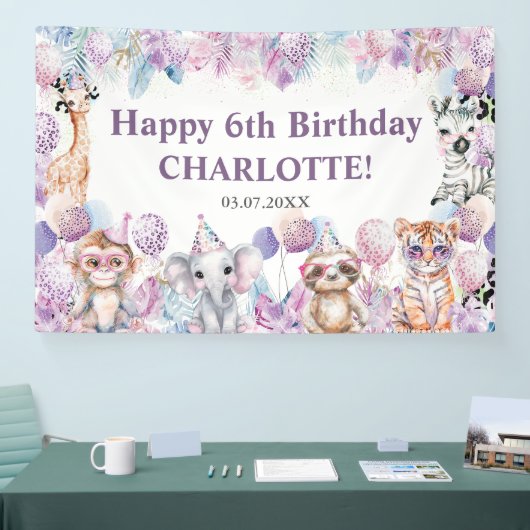 Schattige Oerwoud Partij Dieren Safari Verjaardag  Spandoek (Beurs)