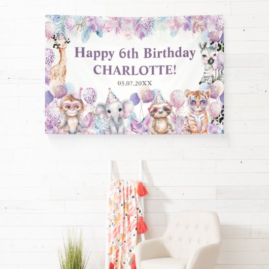 Schattige Oerwoud Partij Dieren Safari Verjaardag  Spandoek (Insitu)