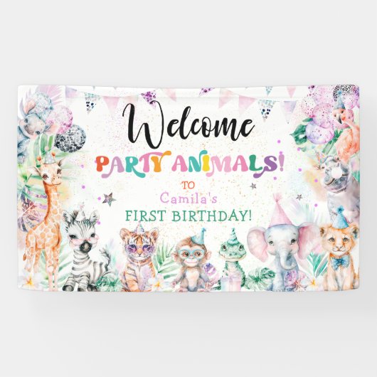 Schattige Oerwoud Party Animals Meisje Verjaardag  Spandoek (Horizontaal)