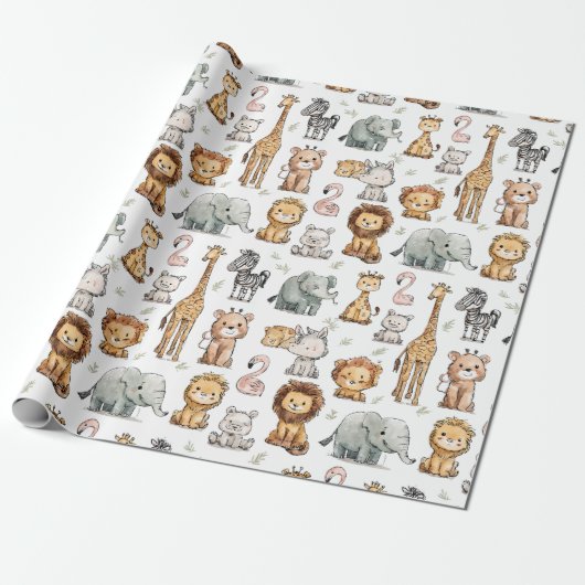 Schattige Oerwoud Safari Animals Baby shower Cadeaupapier (Uitgerold)
