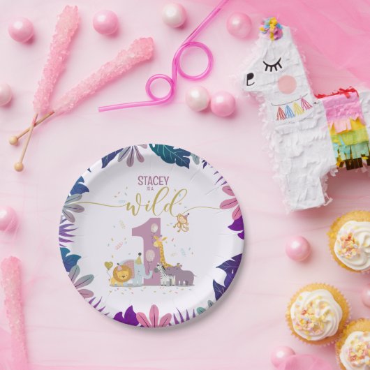 Schattige Oerwoud Safari Animals Wild One Girl Ver Papieren Bordje (Feest)