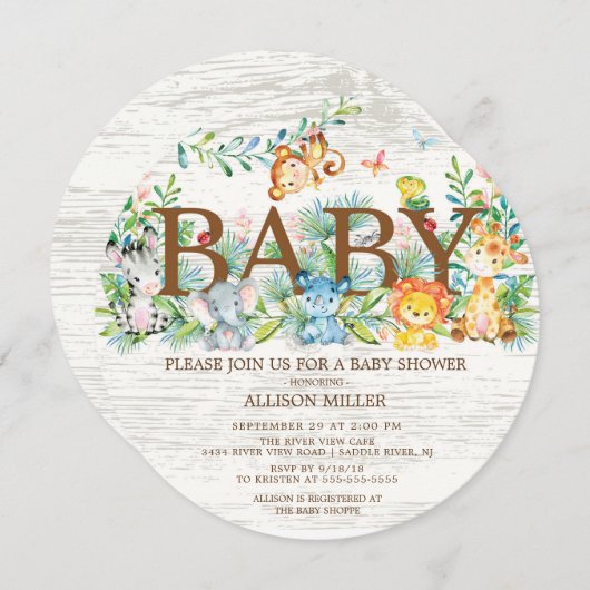 Schattige Oerwoud Safari Baby shower Uitnodiging (Voorkant / Achterkant)
