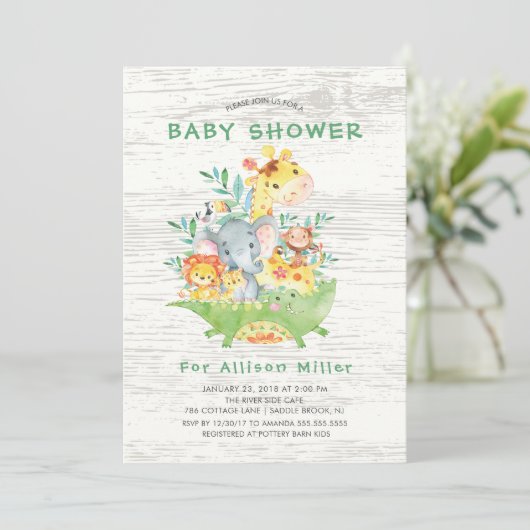 Schattige Oerwoud Safari Dieren Baby Douche Uitnod Kaart (Staand voorkant)