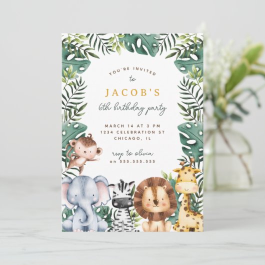 Schattige Oerwoud Safari Dieren Jongen Verjaardags Kaart (Staand voorkant)