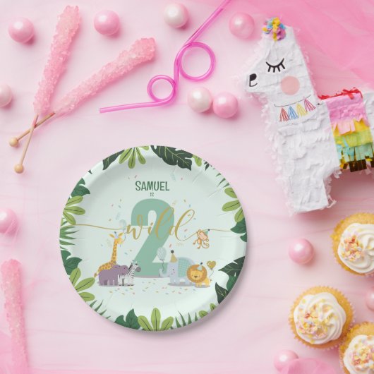 Schattige Oerwoud Safari Dieren Twee Wilde Verjaar Papieren Bordje (Feest)