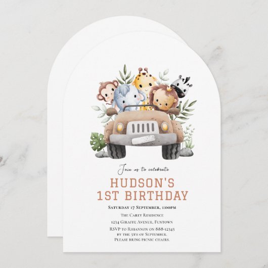 Schattige Oerwoud Safari dieren verjaardagsuitnodi Kaart (Voorkant / Achterkant)