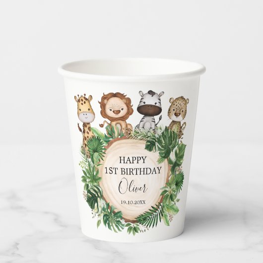 Schattige Oerwoud Safari Dieren Wild Een 1e Verjaa Papieren Bekers (Achterkant)