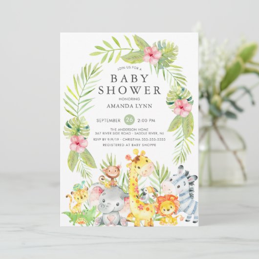 Schattige Oerwoud Safari Meisje Baby shower Uitnod Kaart (Staand voorkant)