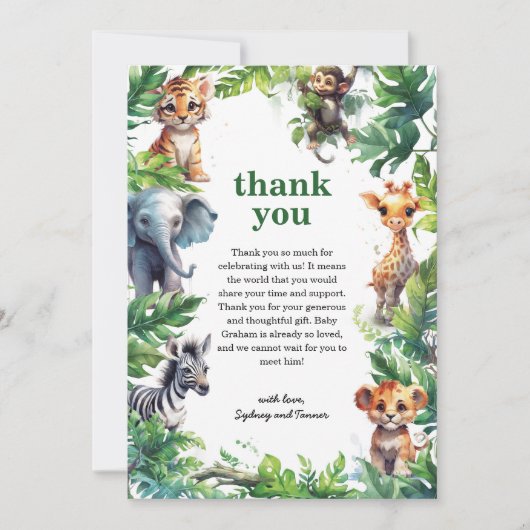 Schattige Oerwoud Safari Tropical Animals Baby sho Bedankkaart (Voorkant)