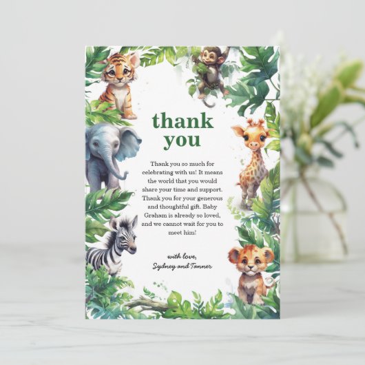 Schattige Oerwoud Safari Tropical Animals Baby sho Bedankkaart (Staand voorkant)