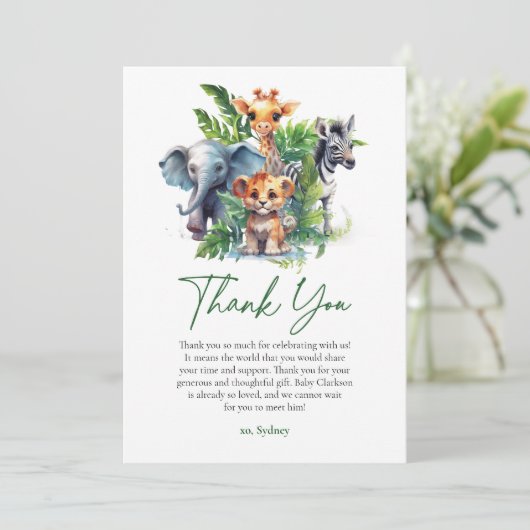 Schattige Oerwoud Safari Tropical Animals Baby sho Bedankkaart (Staand voorkant)