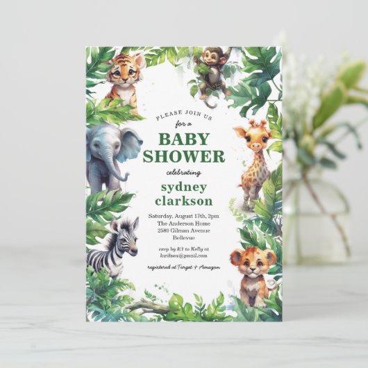 Schattige Oerwoud Safari Tropical Animals Baby sho Kaart (Staand voorkant)