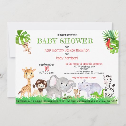 Schattige Oerwoud Safari Zoo Animals Baby shower Kaart (Voorkant)