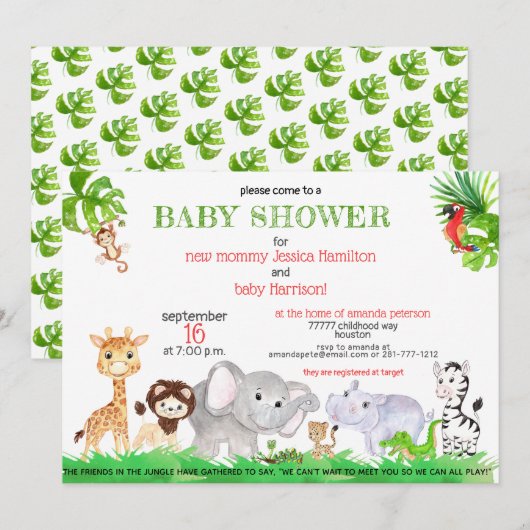 Schattige Oerwoud Safari Zoo Animals Baby shower Kaart (Voorkant / Achterkant)