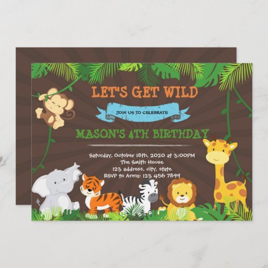 Schattige oerwoud verjaardagsfeestuitnodiging kaart (Voorkant / Achterkant)