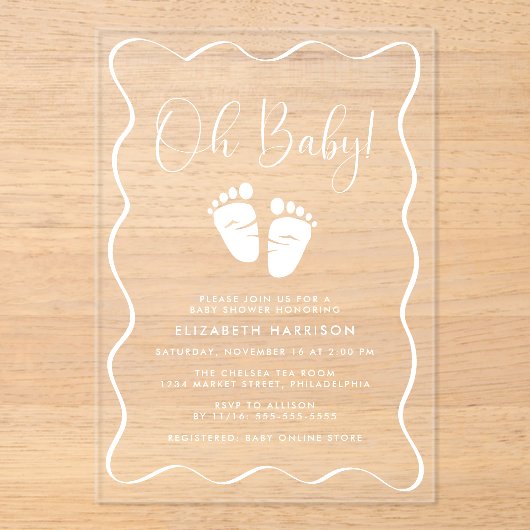Schattige Oh Baby Golvende Lijst Baby Shower Acryl Uitnodigingen (Voorkant)