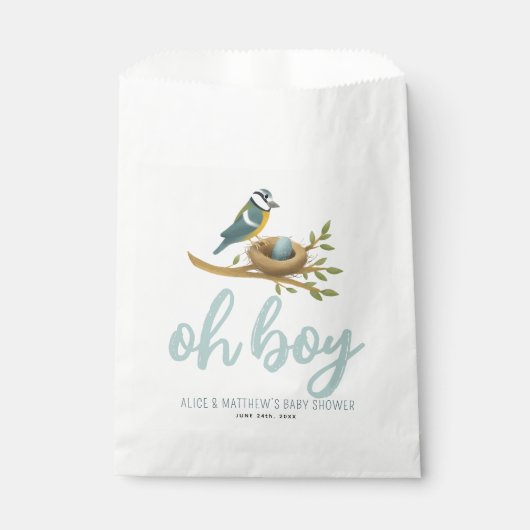 Schattige Oh Boy Blue Bird Nest Baby shower Bedankzakje (Voorkant)