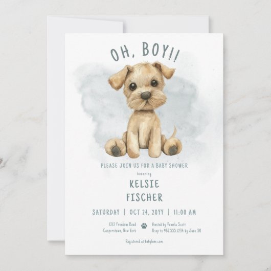 Schattige Oh Boy Puppy Blauw Baby shower Kaart (Voorkant)