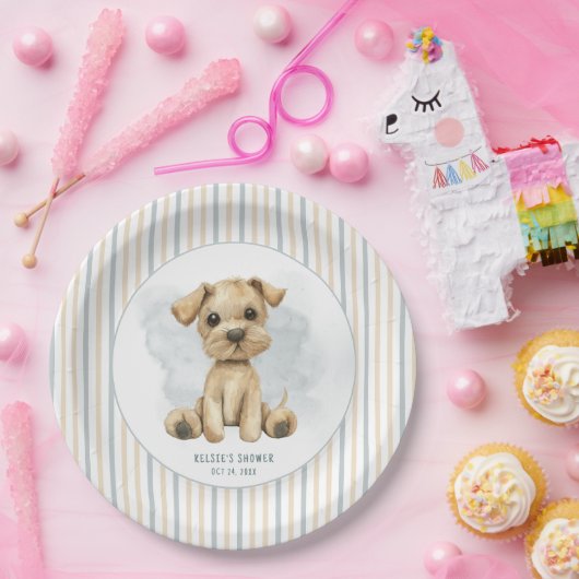 Schattige Oh Boy Puppy Blauw Baby shower Papieren Bordje (Feest)