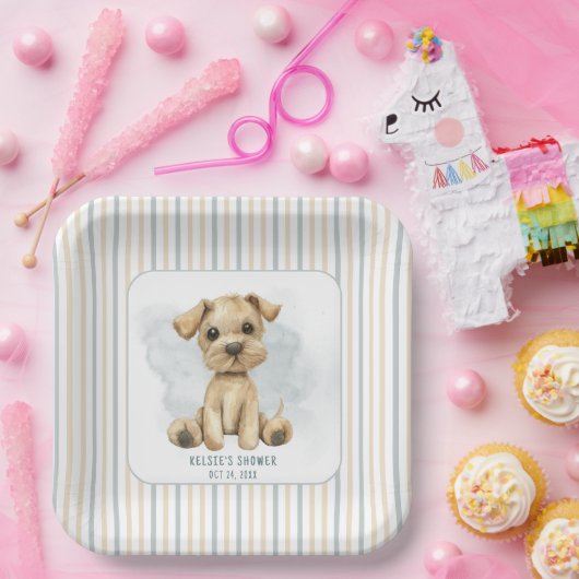 Schattige Oh Boy Puppy Blauw Baby shower Papieren Bordje (Feest)