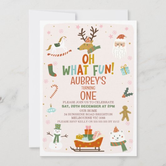 Schattige Oh What Fun Christmas 1st Birthday Invit Kaart (Voorkant)