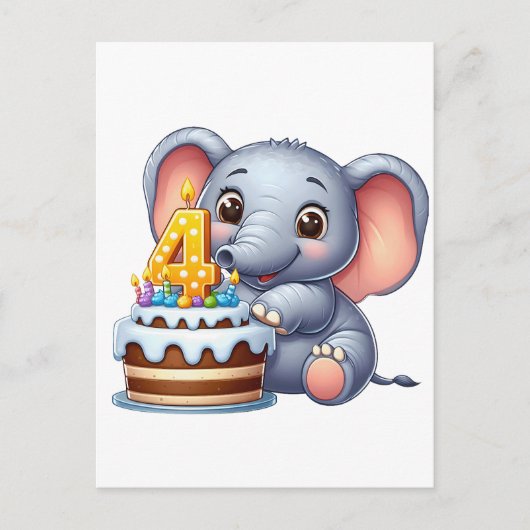 Schattige Olifant 4e Verjaardag Aankondigingskaart (Voorkant)
