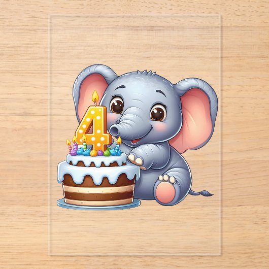 Schattige Olifant 4e Verjaardag Acryl Uitnodigingen (Voorkant)