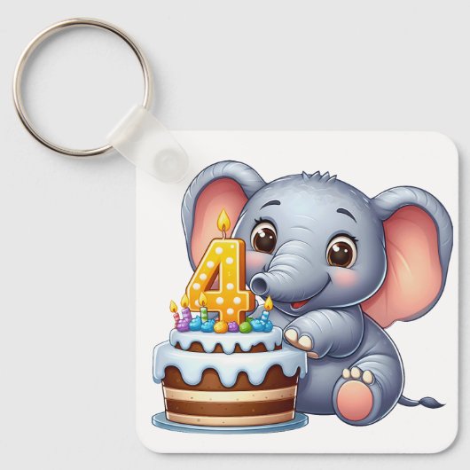 Schattige Olifant 4e Verjaardag Sleutelhanger (Voorkant)