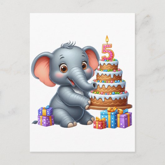 Schattige Olifant 5e Verjaardag Briefkaart (Voorkant)