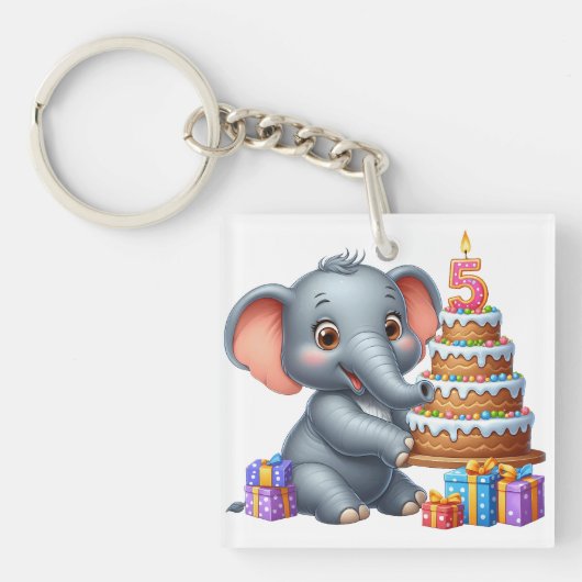 Schattige Olifant 5e Verjaardag Sleutelhanger (Voorkant)