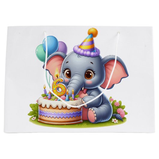 Schattige Olifant 6de Verjaardag Groot Cadeauzakje (Voorkant)