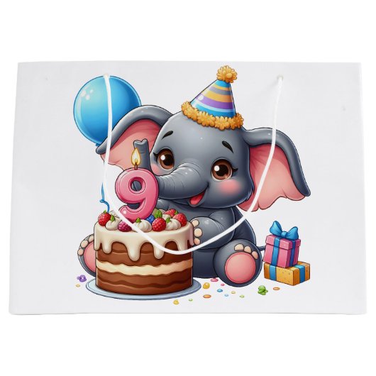 Schattige Olifant 9e Verjaardag Groot Cadeauzakje (Voorkant)