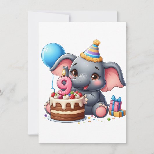 Schattige olifant 9e verjaardag kaart (Voorkant)
