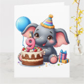 Schattige Olifant 9e Verjaardag Kaart (Gele Bloem)