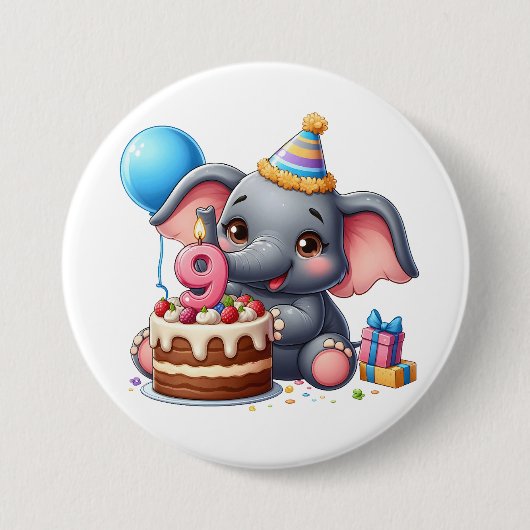 Schattige Olifant 9e Verjaardag Ronde Button 7,6 Cm (Voorkant)