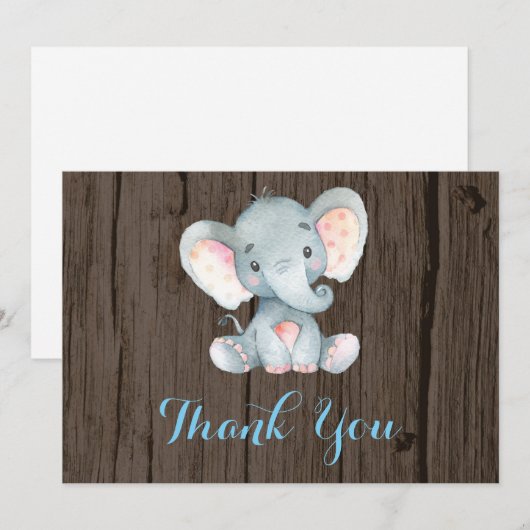 Schattige Olifant Baby Jongen Blauw en Grijs Bedankkaart (Voorkant / Achterkant)