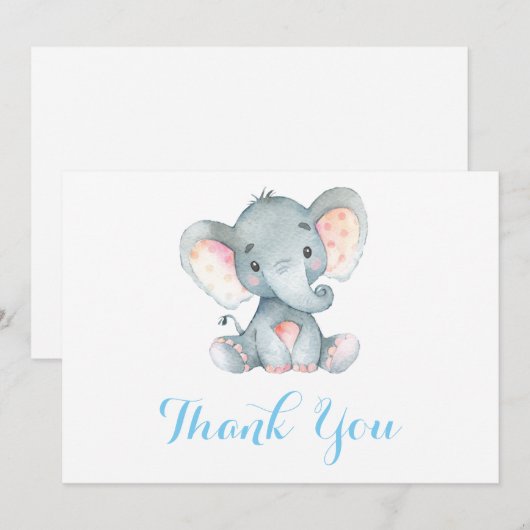 Schattige Olifant Baby Jongen Blauw en Grijs Bedankkaart (Voorkant / Achterkant)