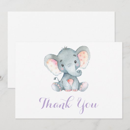 Schattige Olifant Baby Meisje Paars en Grijs Bedankkaart (Voorkant / Achterkant)